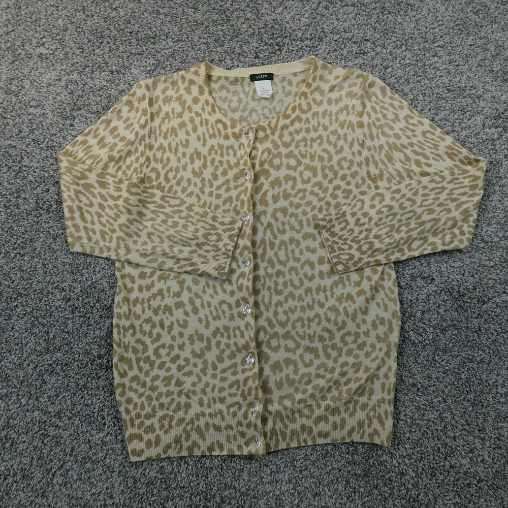 J Crew Cardigan Womens L Beige Leopard Merino Wool Button Sweater Top Soft Warm